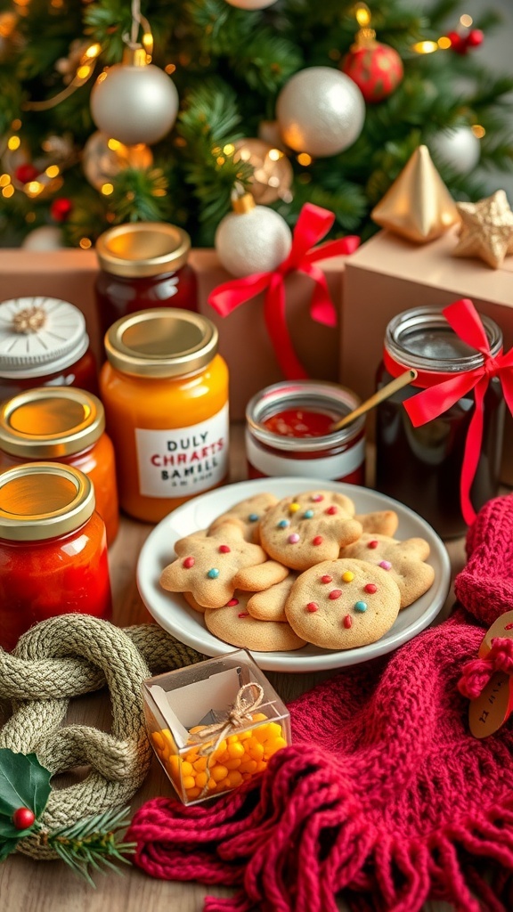 A collection of homemade Christmas gifts including cookies, jams, and a knitted scarf on a festive background.